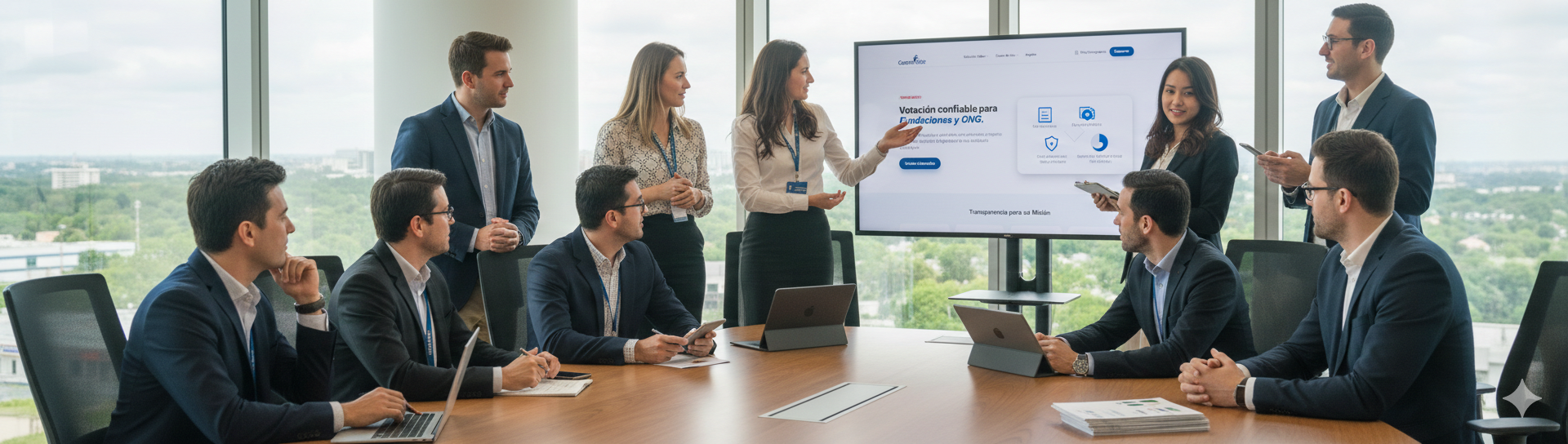 Representantes de una ONG utilizando el sistema de votación online para la aprobación de presupuestos y proyectos